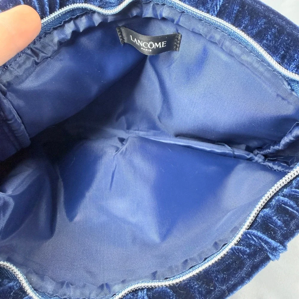 Lancome Cosmetic Bag Womens OS Blue Velvet Zippered Makeup Travel Pouch Luxury